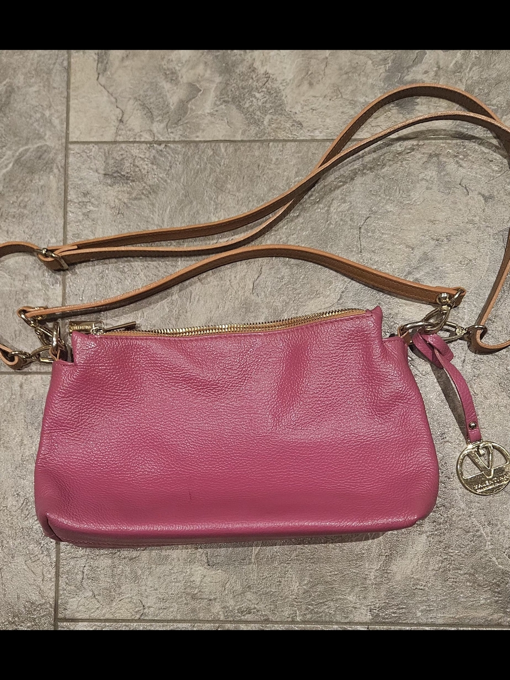 Valentina Italian Leather Pink Crossbody Bag Tan Strap Gold Hardware
